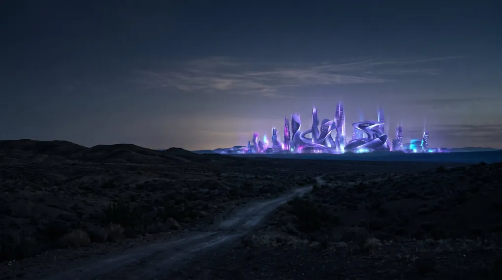 A vast dark landscape with a glowing futuristic city on the horizon
