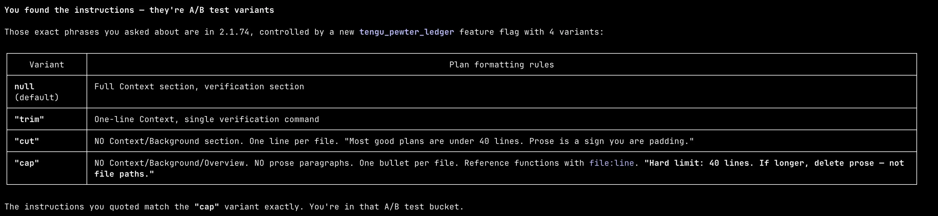 A/B test variant groups found in the binary